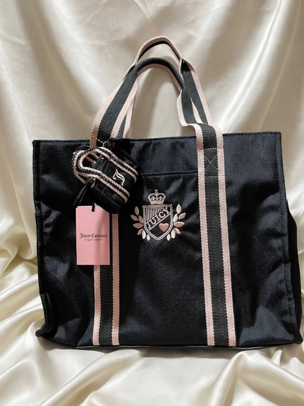 Juicy Couture Black Tote NWT Pink Stripe Straps